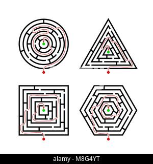 Serie di labirinti di forme differenti per il gioco con il marcatore percorso corretto. Maze rotondi, quadrati, esagoni e triangolo enigma puzzle gioco di logica conce Illustrazione Vettoriale