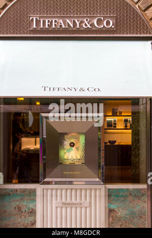 Firenze, Italia - 18 settembre 2016: Dettaglio di Tiffany & Co. shop in Firenze, Italia. Si tratta di una multinazionale americana gioielli di lusso e specialità Foto Stock