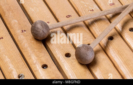 Il close up xilofono e due mazze su sfondo bianco Foto Stock