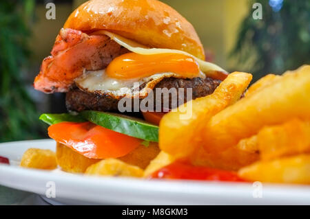 Aussie burger con un lato di patatine fritte. Foto Stock