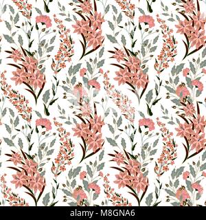 Vector floreali modello senza cuciture con colorati estate piante e fiori. Rosa pastello Illustrazione Vettoriale