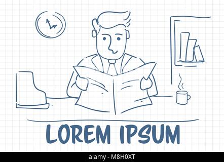 Doodle Business Man leggendo il giornale in ufficio disegnati a mano con uno sfondo con spazio di copia Illustrazione Vettoriale