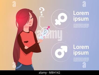 Donna che mantiene positivo Test Prenancy pensando di Baby maschio o femmina di sfondo del cartello Illustrazione Vettoriale