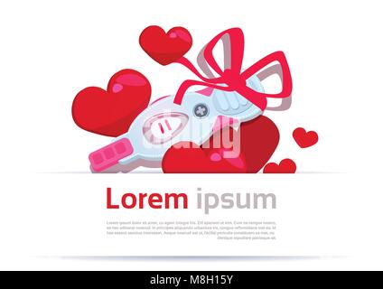 Positiva la prova Prenancy con Red Ribbon Bow su forme di cuore lo sfondo Illustrazione Vettoriale