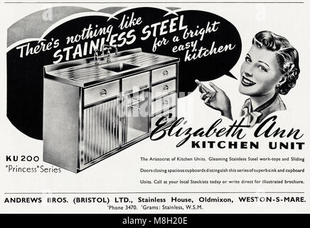 Anni Cinquanta originale vecchia vintage pubblicità pubblicità Elizabeth Ann in acciaio inox da cucina da Andrews fratelli di Oldmixon Weston-Super-Mare Somerset England Regno Unito nella rivista inglese del 1950 circa Foto Stock