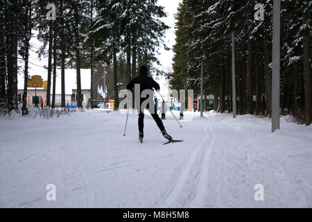 Cross country sciatore ottenere pronto per continuare in caso di maltempo Foto Stock