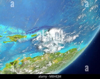 Vista satellitare di Caraibi evidenziata in rosso sul pianeta Terra con le nuvole. 3D'illustrazione. Gli elementi di questa immagine fornita dalla NASA. Foto Stock