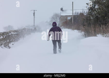 Barnard Castle, nella contea di Durham. Domenica 18 Marzo 2018. Regno Unito Meteo. Come la neve di pilotaggio di blasti passato una casa nella contea di Durham, a solo pochi chilometri di distanza una donna battaglie attraverso la neve profonda e blizzard condizioni in Marwood nella periferia di Barnard Castle. David Forster/Alamy Live News Foto Stock