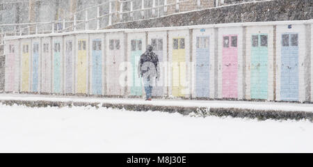 Neve a Lyme Regis, 18 marzo 2018. Regno Unito: Meteo persone brave blizzard condizioni sulla spiaggia a Lyme Regis come bestia da est 2 morsi in Lyme Regis, Dorset. Credito: Celia McMahon/Alamy Live News. Foto Stock