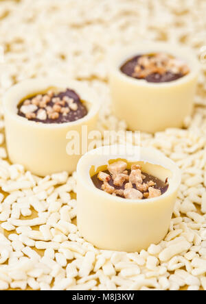 Assortimento di bianco di lusso di cioccolatini varietà su un fondo oro bianco con pezzetti di cioccolato Foto Stock