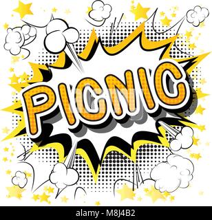 Picnic - stile fumetto sulla parola sfondo astratto. Illustrazione Vettoriale