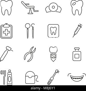 Studio dentista & attrezzature icone linea sottile illustrazione vettoriale impostato Illustrazione Vettoriale