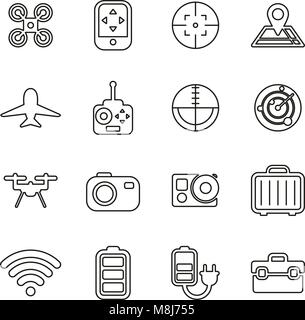 Drone o icone Quadcopter sottile linea illustrazione vettoriale impostato Illustrazione Vettoriale