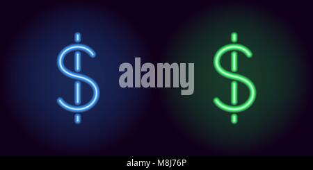 Blu e neon verde dollaro. Silhouette di vettore di neon dollaro valuta consistente di contorni, con retroilluminazione sullo sfondo scuro Illustrazione Vettoriale