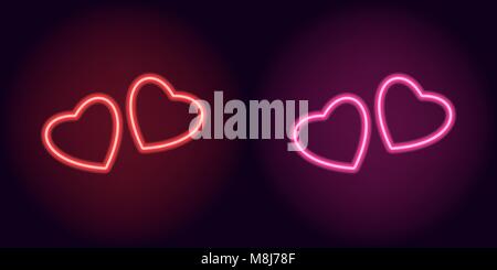 Rosso e rosa neon di coppia di cuori. Silhouette di vettore di neon cuori consistente di contorno, con retroilluminazione sullo sfondo scuro Illustrazione Vettoriale