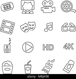 Cinema o Cinema icone linea sottile illustrazione vettoriale impostato Illustrazione Vettoriale