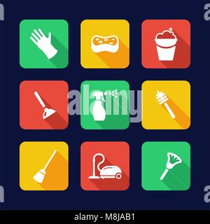 Icone di pulizia Design piatto Illustrazione Vettoriale