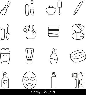 Cosmetici o prodotti di bellezza icone linea sottile illustrazione vettoriale impostato Illustrazione Vettoriale