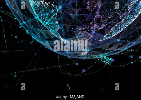 Punto, linea, una superficie composta di grafica circolare, Global network connection,significato internazionale. 3d'illustrazione. Foto Stock