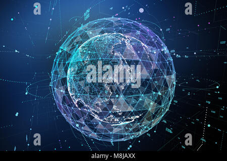 Messa a terra, che rappresentano a livello globale la connessione di rete internazionale di significato. 3d'illustrazione. Foto Stock