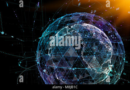 I collegamenti di comunicazione globale in tutto il mondo mappa vista su spazio scuro dello sfondo. 3d illustrazione Foto Stock