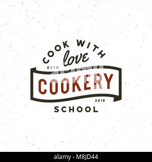 Vintage lezioni di cucina logo in stile retrò culinario scuola emblema. illustrazione vettoriale Illustrazione Vettoriale
