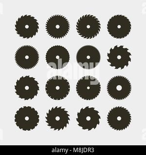 Set di nero diverse sagome di lame di seghe circolari. illustrazione vettoriale Illustrazione Vettoriale