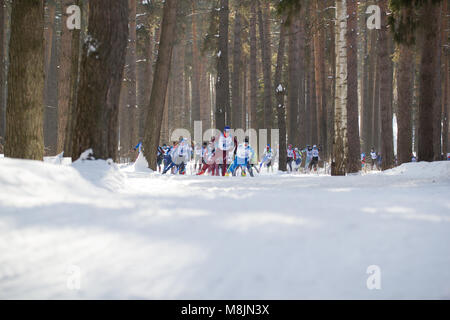 KAZAN, RUSSIA - Marzo, 2018: atleti sciatori correre una maratona nel bosco invernale Foto Stock