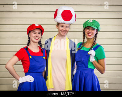 SHEFFIELD Comic Con, SHEFFIELD, Regno Unito, ottobre 7, 2018. Tre  cosplayers vestito come Super Mario Luigi e un fungo a Sheffield Comic Con,  UK Foto stock - Alamy