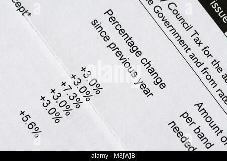 Close-up di una tassa del Consiglio bill che mostra un incremento dei prezzi - Concetto di inflazione del Regno Unito Foto Stock