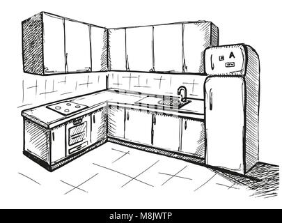 Schizzo di cucina. La cucina del piano. Illustrazione Vettoriale in un stile di disegno Illustrazione Vettoriale