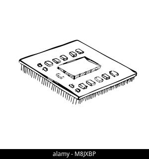 Il microprocessore CPU e processore isolati su sfondo bianco. Illustrazione Vettoriale in uno schizzo di stile. Illustrazione Vettoriale
