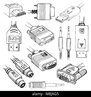 Supporto set di cavi: HDMI, VGA, DVI, DisplayPort, S-Video, Jack Audio in stile sketch. Illustrazione Vettoriale Illustrazione Vettoriale