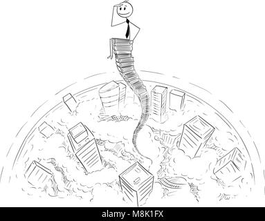 Cartoon di imprenditore seduto su Sky ad alta pila di cartelle per ufficio Illustrazione Vettoriale
