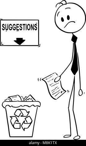 Cartoon di imprenditore con idea o invenzione su carta cerca su Cestino con suggerimenti segno e la freccia sopra Illustrazione Vettoriale