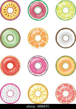 Frutta colorata ciambelle Vettore Collezione Set isolato su bianco Illustrazione Vettoriale