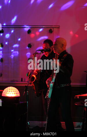 La spietata fratelli & Joe Green sassofonista in un live music gig in Elsenham, Essex, Regno Unito. Il 17 marzo 2018. Foto Stock