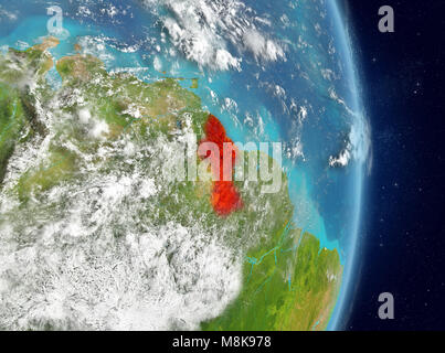 Vista dallo spazio della Guyana evidenziata in rosso sul pianeta Terra con atmosfera. 3D'illustrazione. Gli elementi di questa immagine fornita dalla NASA. Foto Stock