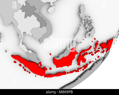 Illustrazione di Indonesia evidenziata in rosso su grigio globo. 3D'illustrazione. Foto Stock