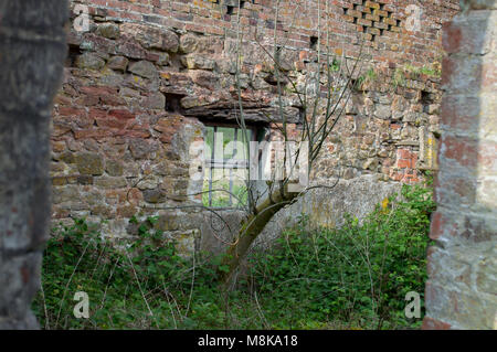 Un vecchio derelitti, decomporsi finestra verde telaio contro un rosso mattone muro del granaio. Foto Stock