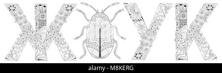 Coleottero di parola in russo e la silhouette di un insetto zentangle stile con linee pulite per il libro da colorare per anti stress, T-shirt design, un tatuaggio Illustrazione Vettoriale
