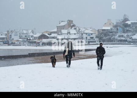 Meteo: Lyme Regis, Regno Unito 18 marzo 2018. Un giovane a piedi il loro cane sulla spiaggia in blizzard condizioni come la Bestia da est 2 hits lungo la costa sud occidentale. Credito: Celia McMahon/Alamy Live News Foto Stock