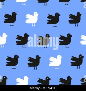 Funny cartoon uccelli seamless pattern su sfondo blu. Illustrazione Vettoriale. Carino sfondo. Illustrazione Vettoriale