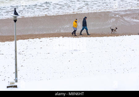 Giovane passeggiate con il cane lungo la riva del mare con la spiaggia di Bournemouth mare coperto di neve a Bournemouth Dorset, Regno Unito Inghilterra nel mese di marzo Foto Stock