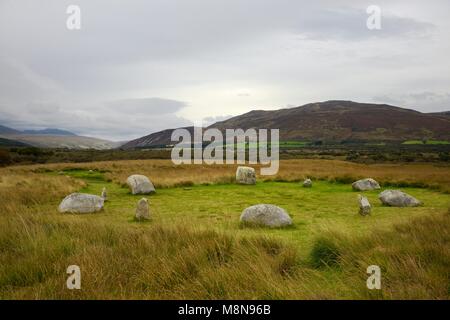 Machrie Moor preistorici circoli di pietra. Isola di Arran, Scozia. Cerchio 1. Arenaria alternati di pietre di granito 4000+ anno site Foto Stock