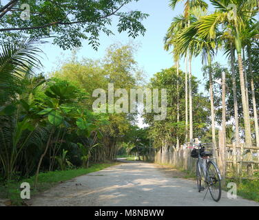 Esplorare la campagna parte di Hoi An in bici su strada circondata dal verde acqua di cocco, di palme e di bambù Foto Stock