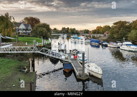 Barche ormeggiate lungo il fiume Tamigi, Teddington, London Borough of Richmond upon Thames, Regno Unito Foto Stock