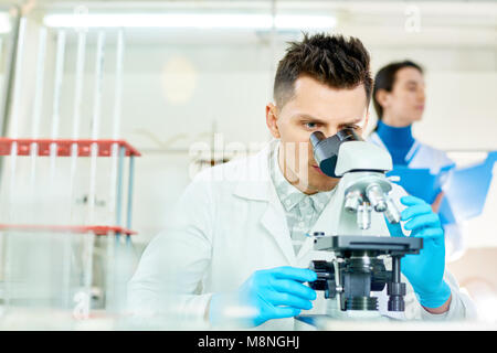 Ai giovani scienziati mediante microscopio Foto Stock