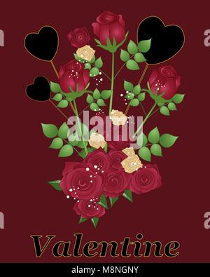 Una illustrazione vettoriale in formato eps 10 formato di un bouquet di San Valentino design con rose rosse e nere nei cuori un saluto formato carta Illustrazione Vettoriale