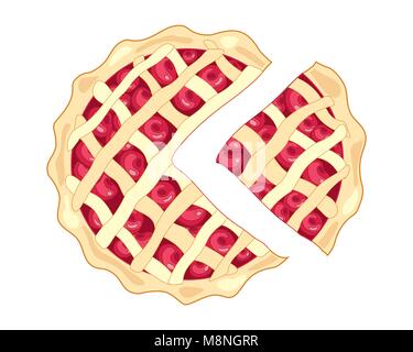 Una illustrazione vettoriale in formato eps di una fetta di torta di ciliegie con una crosta dorata e design di reticolo con paffuto mature le ciliegie rosso su sfondo bianco Illustrazione Vettoriale